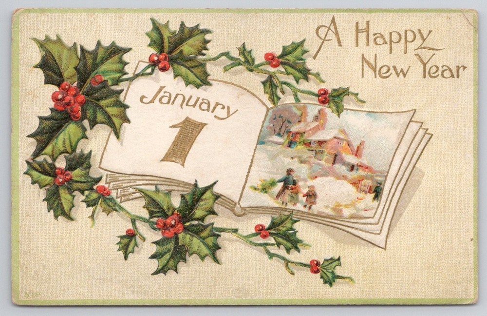 A Happy New Year January 1st Embossed Holly Winter Scene Postcard