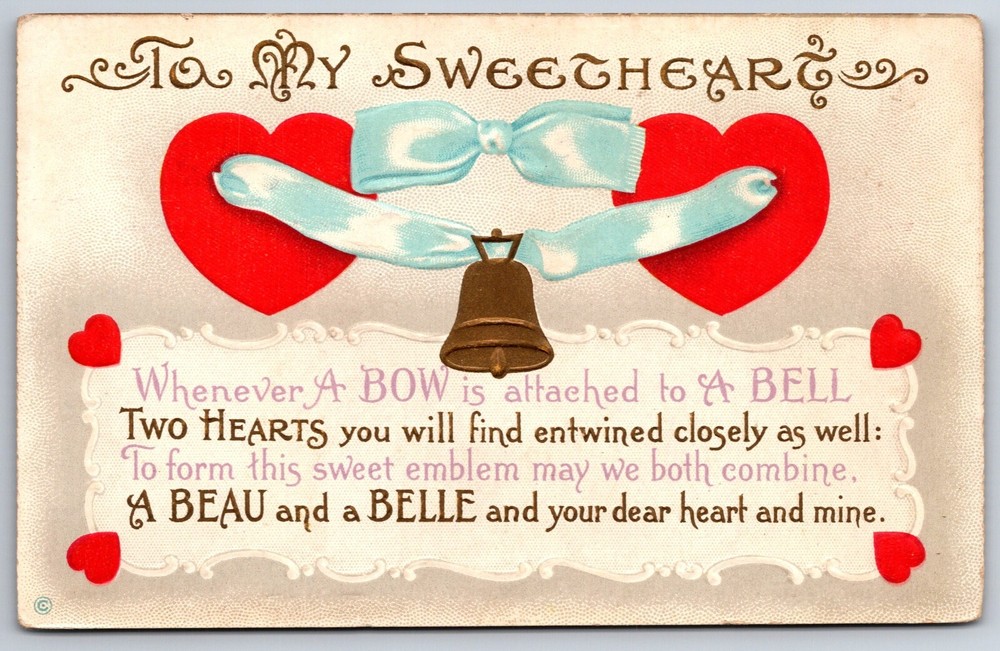 Holiday~Bell Hearts & Ribbon To My Sweetheart~Vintage Postcard