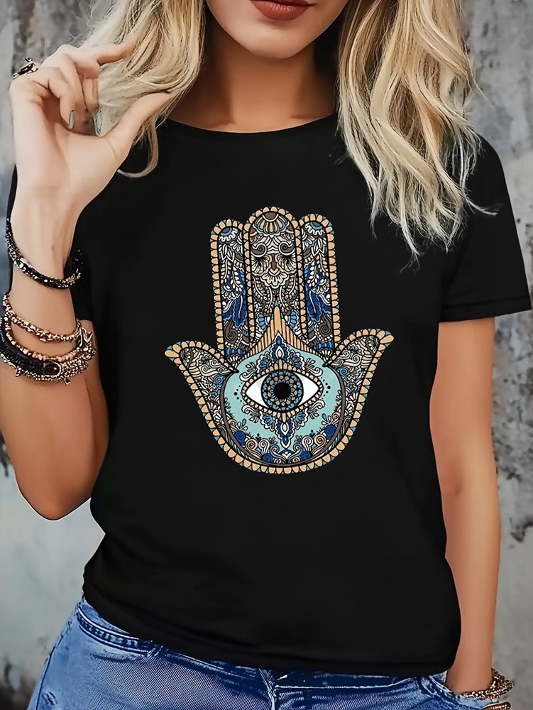 Women Boho Hamsa Hand Evil Eye Graphic T-Shirt Casual Short Sleeve Tee Top