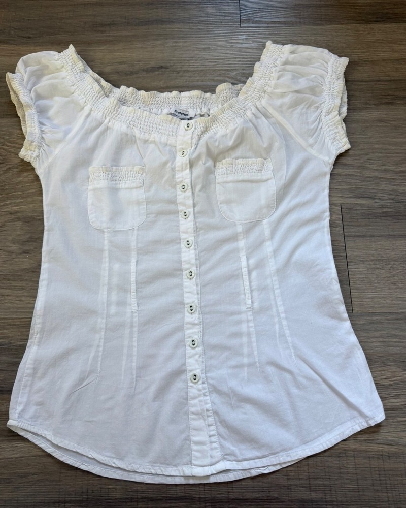 Prototype White Peasant Blouse Off The Shoulder Smocked Cottagecore Boho Top M