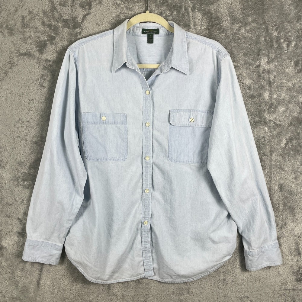 Lauren Ralph Lauren Shirt Womens XL Blue Denim Jean Button Up Faded Outdoors LRL