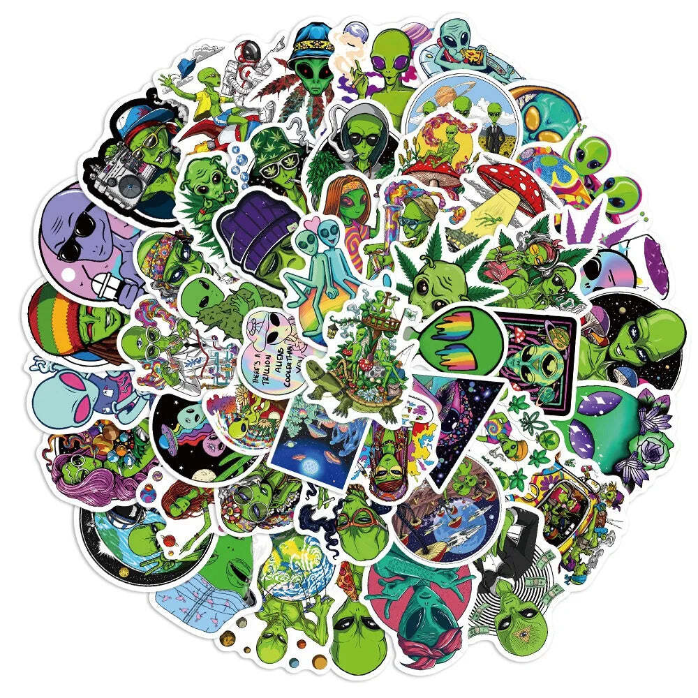 50pcs Psychedelic Alien Weed Characteristics Stickers Laptop Car Bike Travel Lug