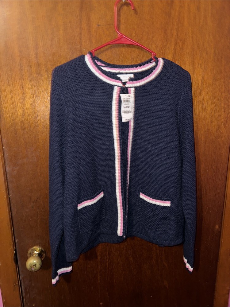 NWT Charter Club Womens Intrepid Blue And Pink Open Front Cardigan Size Large