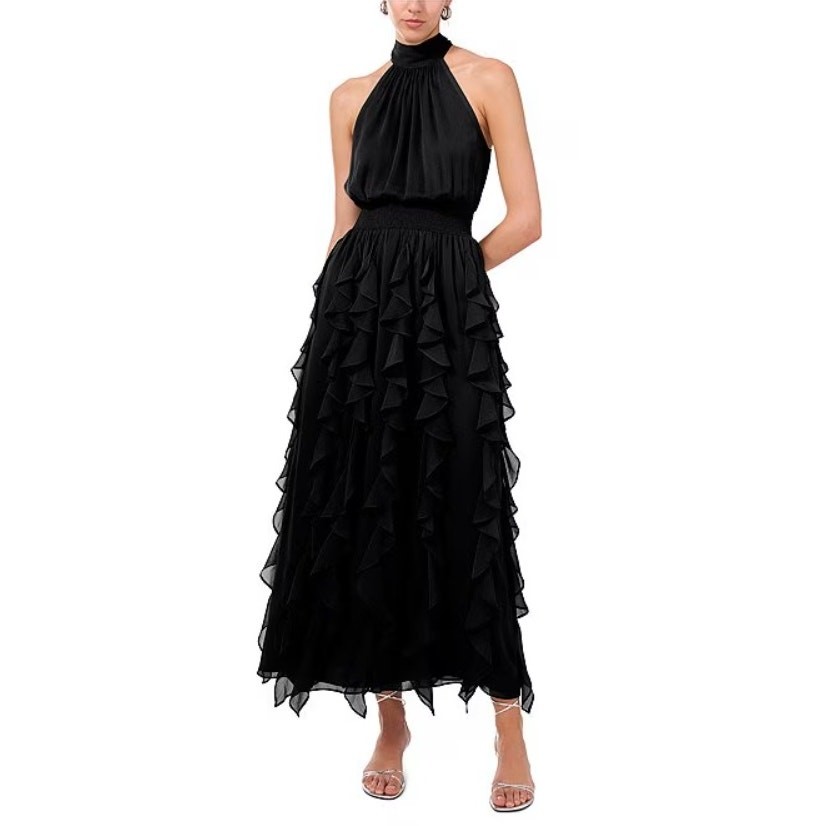 1.STATE Women Black Chiffon Evening Cascading Ruffle Halter Maxi Dress Size S