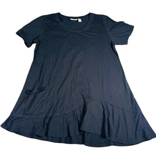 LOGO Lori Goldstein Tunic Top Womens Medium Black Ruffle Hem Short Sleeve Pocket