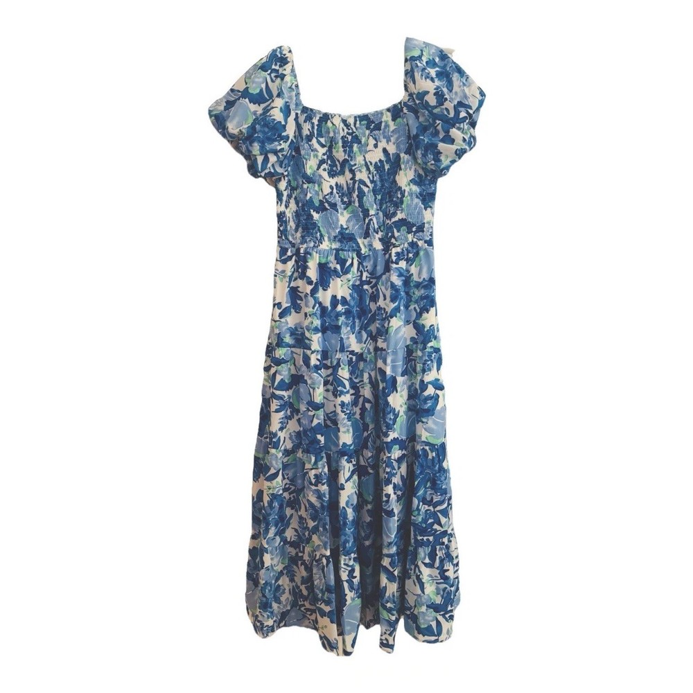 Pretty Garden Midi Size M. NWT Blue/White Floral Print Smocked Waist Lined