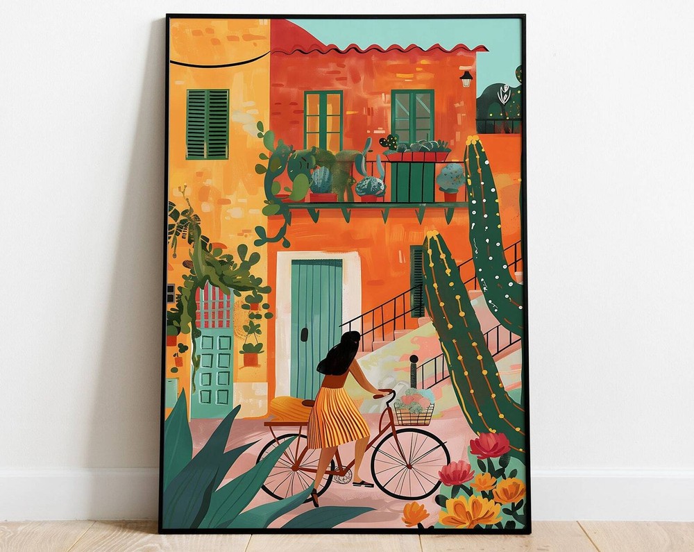 Mexican Girl Cycling Travel Art Print Print Poster Cityscape Wall Art Mexico