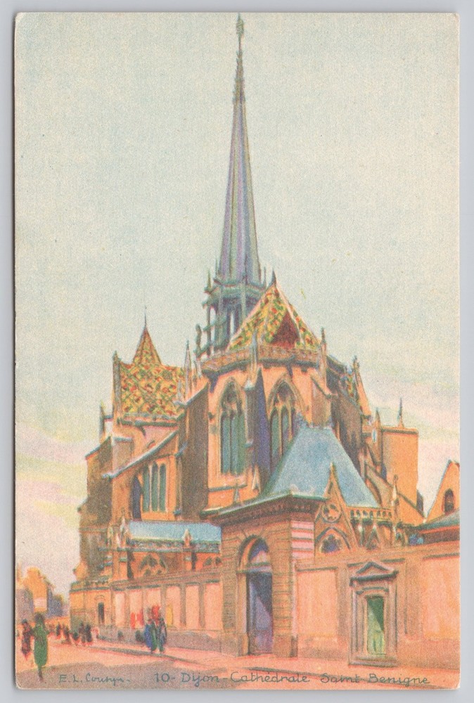Dijon Cathedral Saint-Bénigne France Vintage Postcard E. L. Courja Art