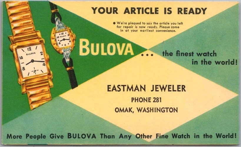 EASTMAN JEWELER - Omak, Wash. Postcard / BULOVA WATCHES 