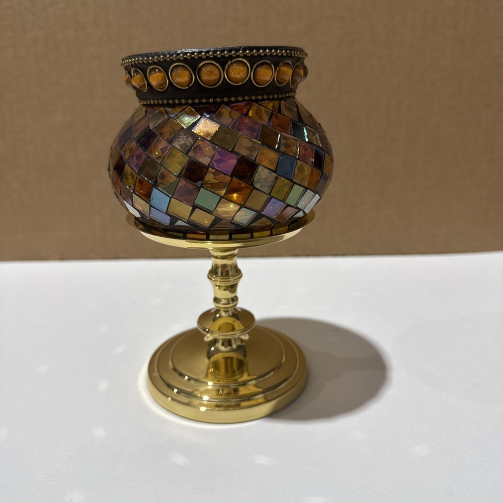 PartyLite Amber Mosaic Glass Votive Holder-Gold Pedestal Base Mix/Match Display