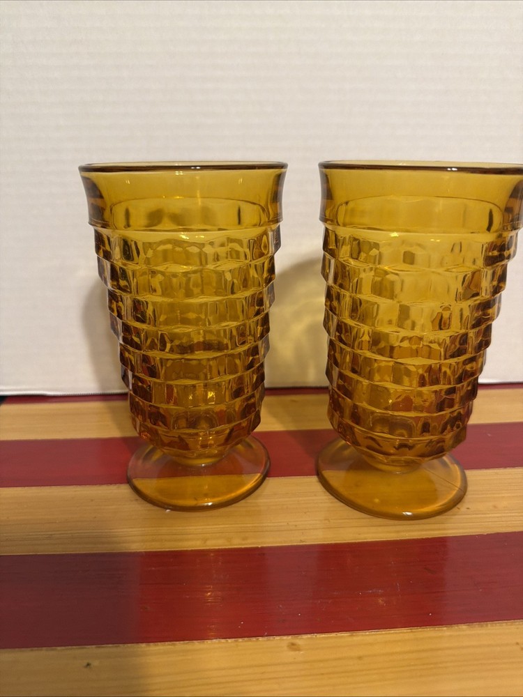 Vintage Indiana Amber Glass Colony Whitehall Cubist Footed  Iced Tea Set of 2
