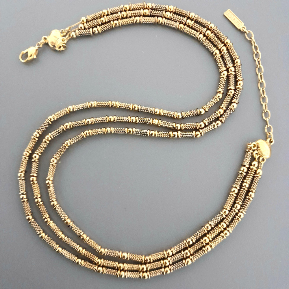 Vintage Napier Necklace -Gold Tone Triple 3 Strand  -Textured Bead Chain  16-18”