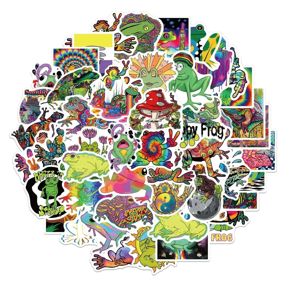 50PCS Cartoon Colorful Psychedelic Frog Stickers Aesthetics Laptop Guitar Luggag