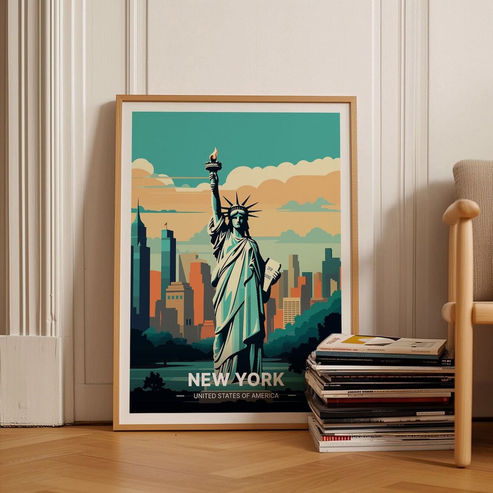 Statue Of Liberty New York City Skyline Poster Travel Inspired Wall Art Urban