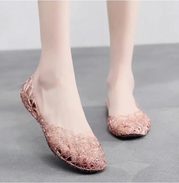 Womens Hollow Casual Shoes Slip On Jelly Sandals Crystal Glitter Ballet Flats
