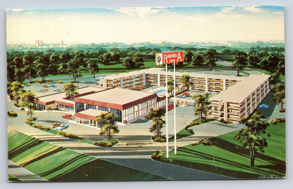 Artist Conception~Atlanta Georgia~Ramada Inn~Air View~Sign~Pool~1950s Postcard