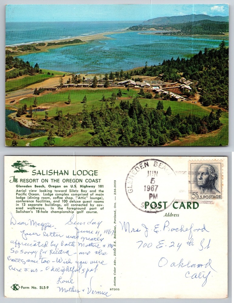 Salishan Lodge Oregon Coast Postcard 1967 Gleneden Beach Siletz Bay Golf