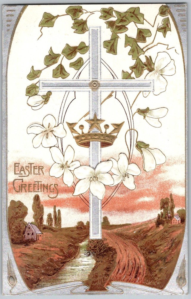 Antique Postcard Easter Cross Crown Lilies 1910s