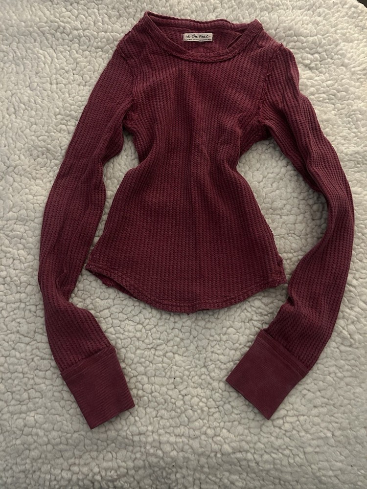 Free People Women's Long Sleeved Maroon Top Size XS 100% Cotton