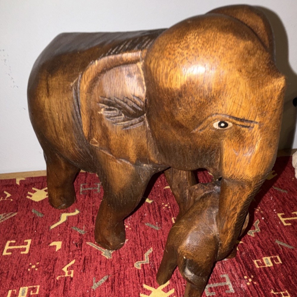 Handmade Wooden Elephant Figurine with Calf Decorative Collectible