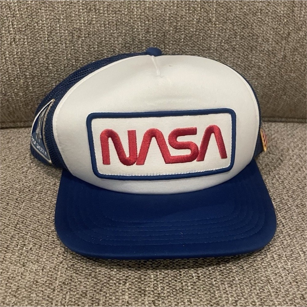 NASA Blue/White Trucker Hat Mesh Cap Worm Logo Space Shuttle & USA Flag Patch