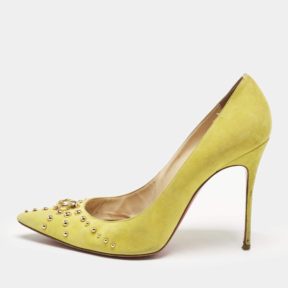 Christian Louboutin Neon Yellow Suede Door Knock Studded Pointed Toe Pumps Size