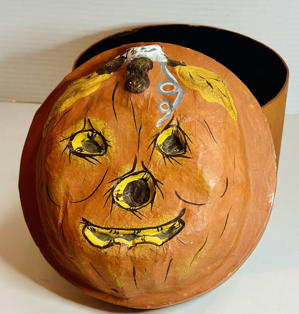 Vtg Handmade Paper Mache Halloween Jack O Lantern Box With Lid Pumpkin Decor