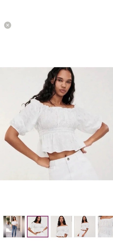 Zara Women’s White Eyelet Off Shoulder Puff Sleeve Cropped Blouse Regular