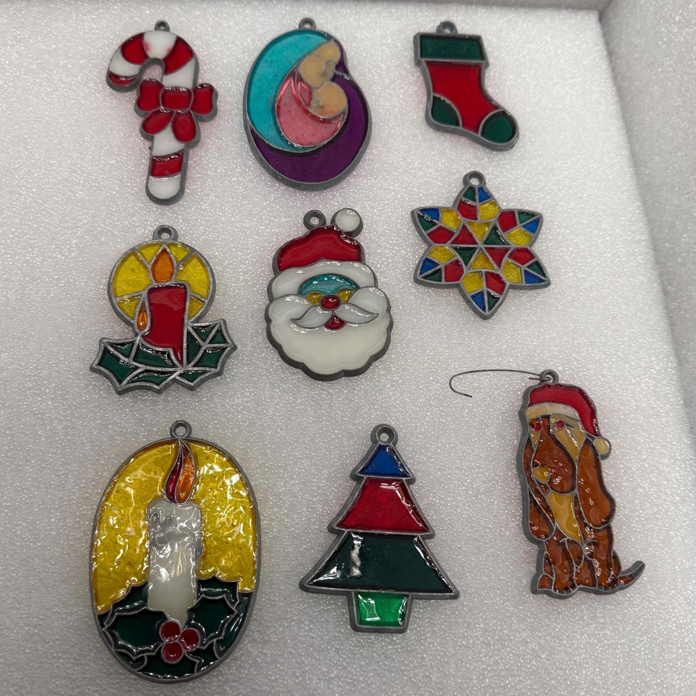 Vintage Leaded Stained Glass Resin Christmas Sun Catcher Ornaments Lot Santa Dog