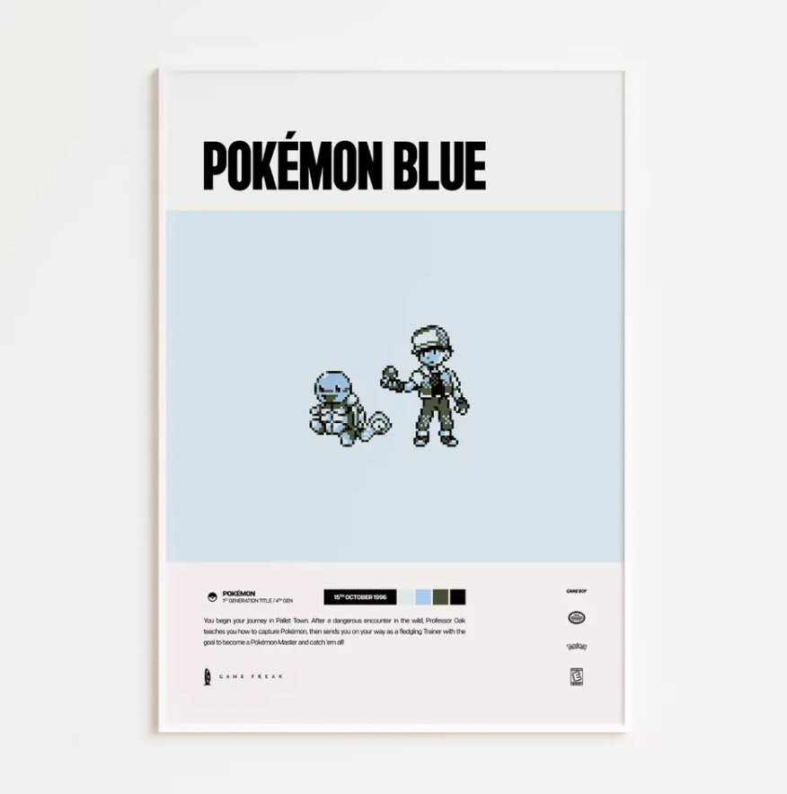 Pokémon Blue (1996) Video Game Art Poster / Print