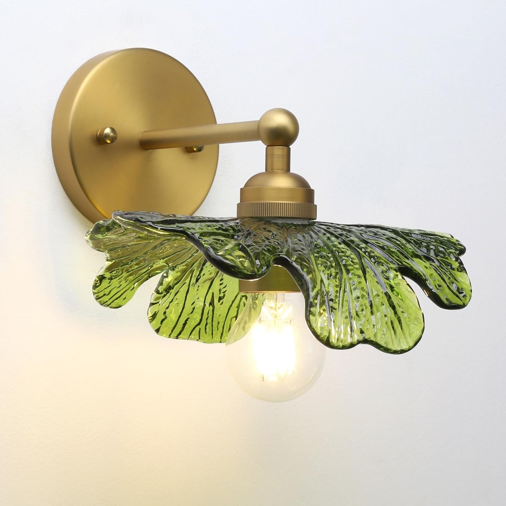 Vintage Wall Sconce Green Flower Glass, Hardwired Bathroom Sconce Boho Brass ...