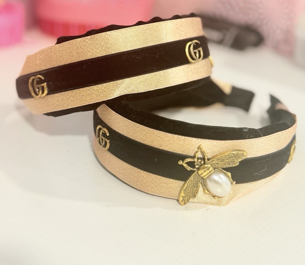 Gucci Black Gold Velvet Headband for Women Bee Pearl Logo Accent Luxury