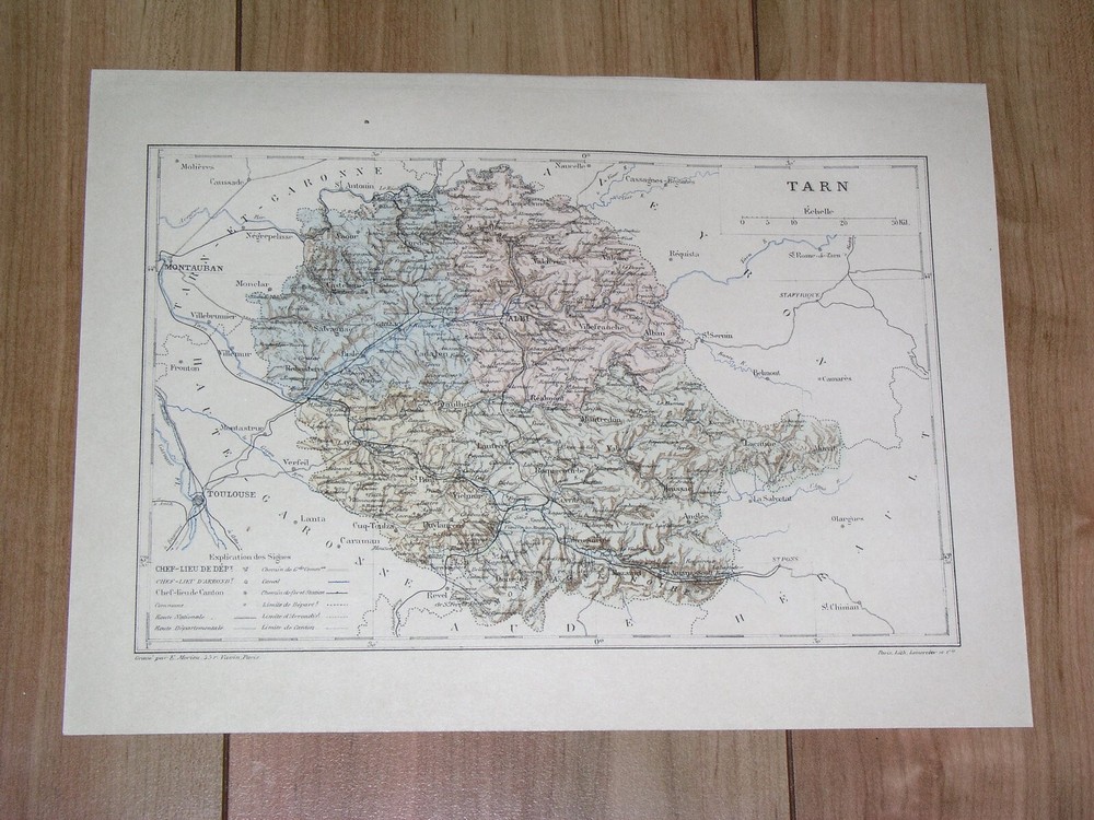 1887 Original Antique Map Of Department Of Tarn Albi / France