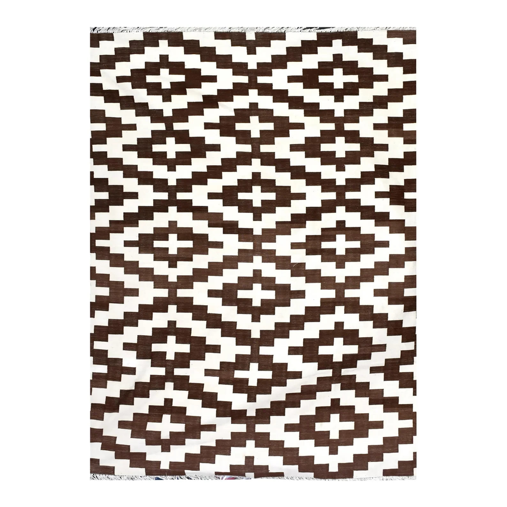 Handwoven Cotton Dhurrie Rug Color Brown and Whtie Handmade Design Carpet Rug