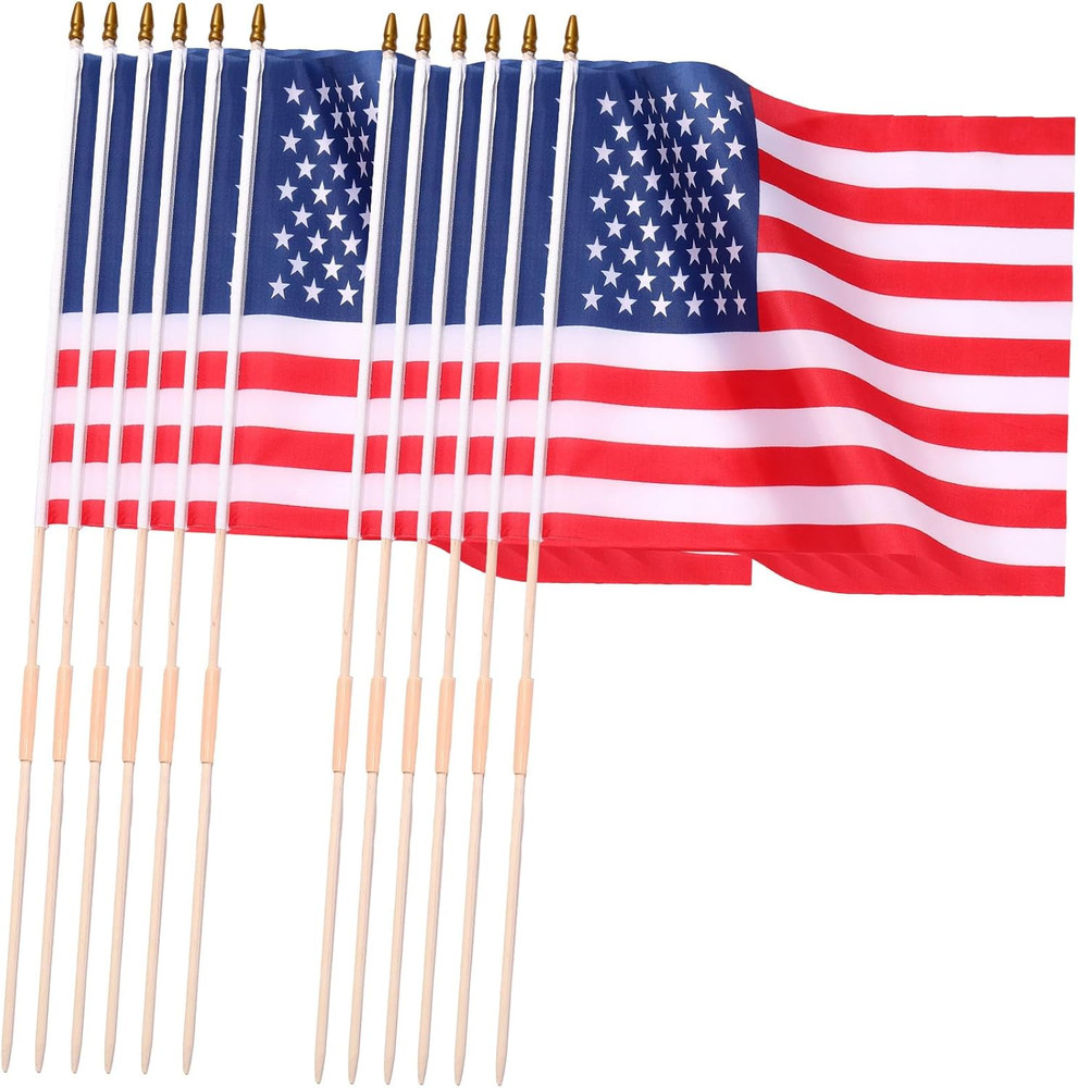 12 Pack 18 X 12 Inch American Flags on Stick, Handheld USA Flags with Spear Top,