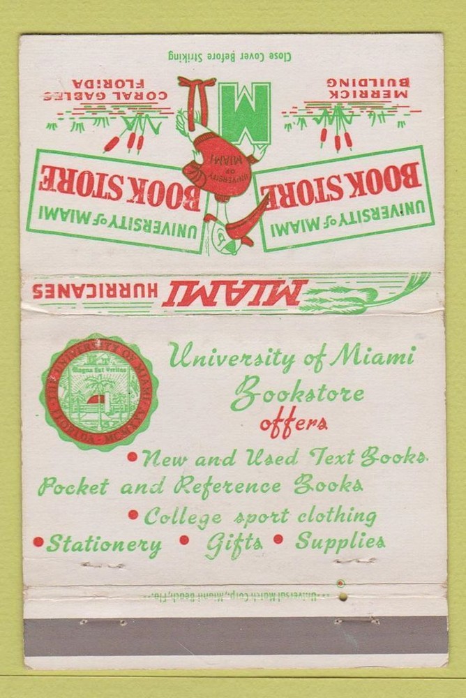 Matchbook Cover - University of Miami FL Hurricanes Coral Gables 40 Strike