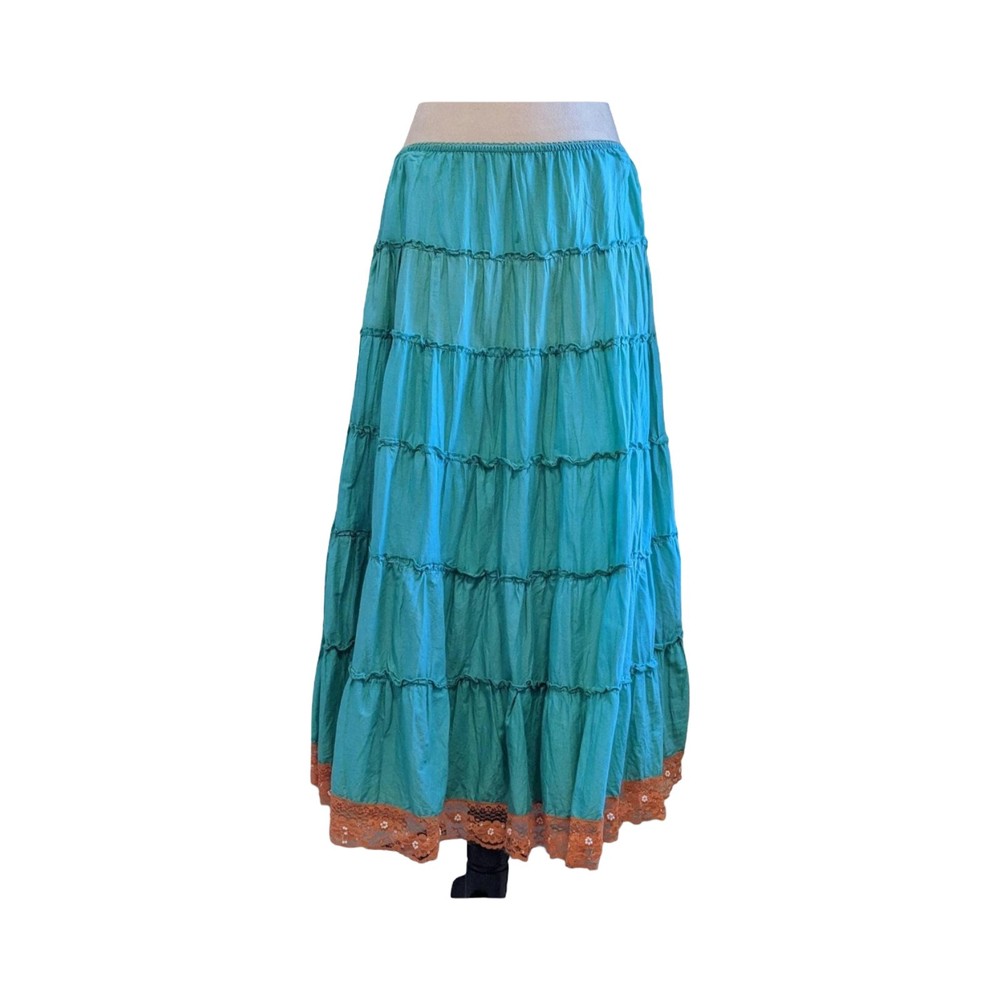 Y2K Angie Tiered Peasant Skirt Juniors Large Teal Lace Hem Boho Fairycore