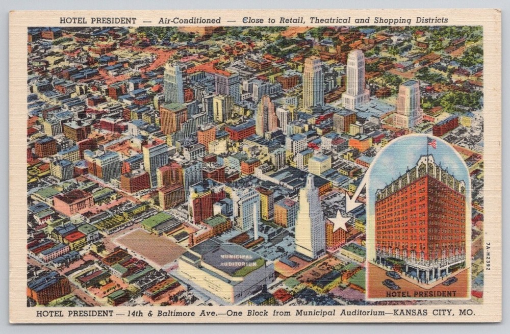 Hotel President Kansas City MO Aerial View Municipal Auditorium Postcard