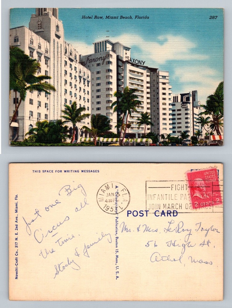 Miami Beach, FL-Florida, Hotel Row Saxony Resort Strip c1954 Vintage Postcard