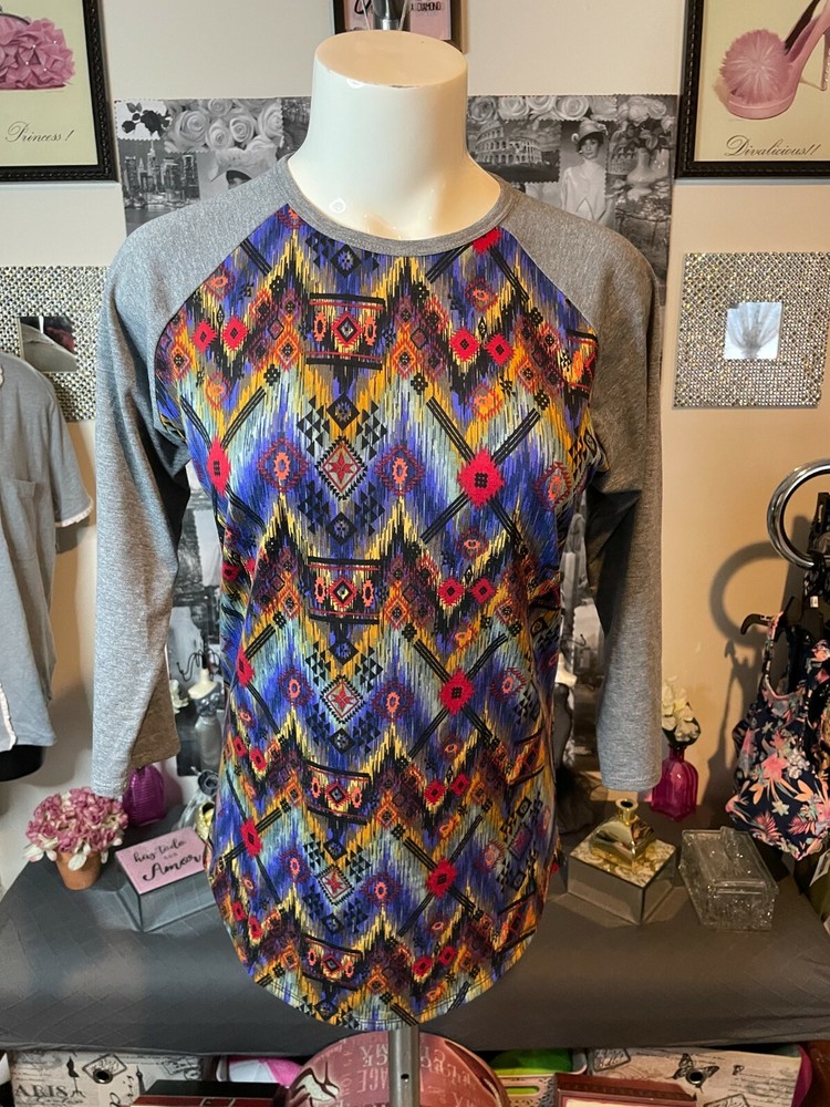 New Woman's LuLaRoe Multi-color Aztec Pattern Gray 3/4 Sleeve RANDY Top Size S