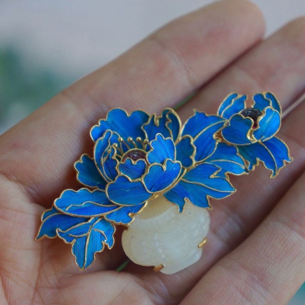 Enamel Flower Basket Brooch Peony Pin Chinese Style Jewelry for Women