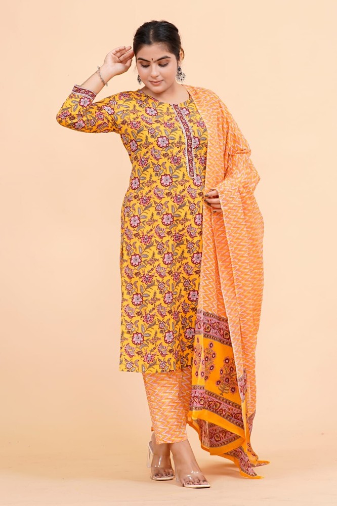Trendy Womens Yellow Flower Print Cotton Stitched kurti pant with dupatta