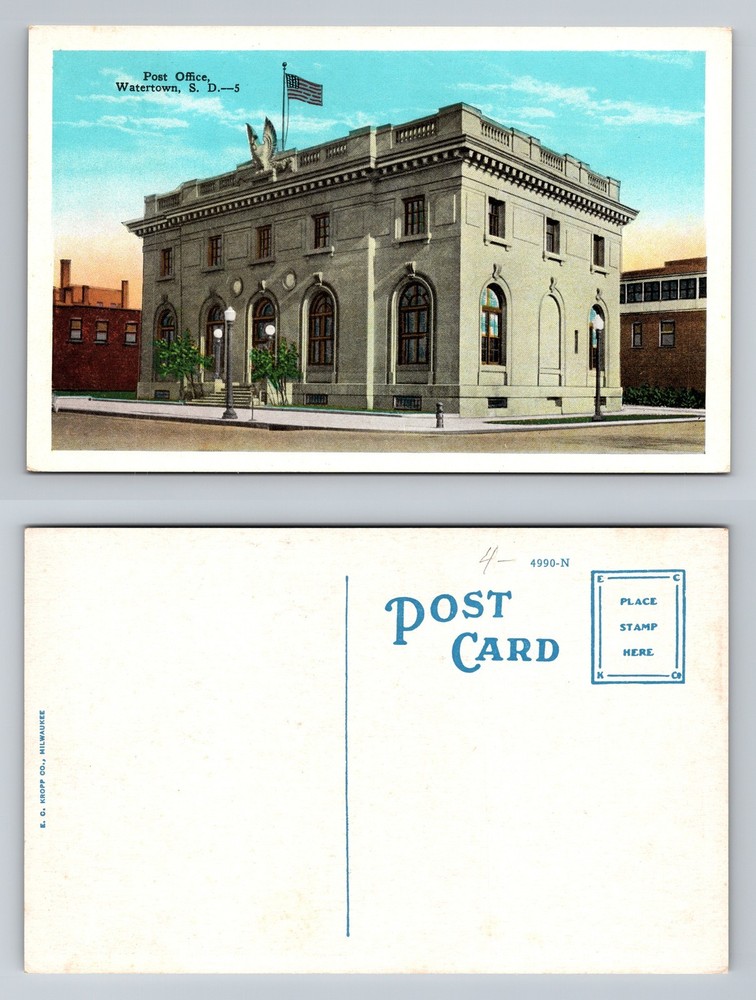 Watertown, SD-South Dakota, Post Office Building Flag Display Vintage Postcard