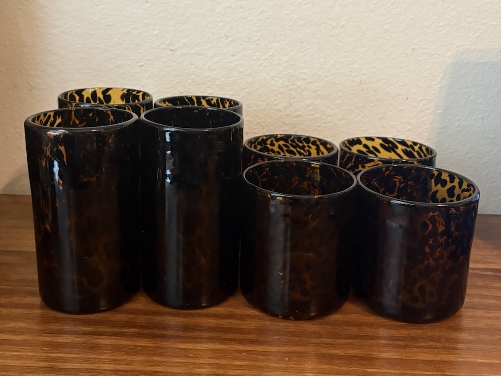 Lot of 8 Vintage MCM Hand Blown Tortoise Shell Tumblers & Highball Glasses