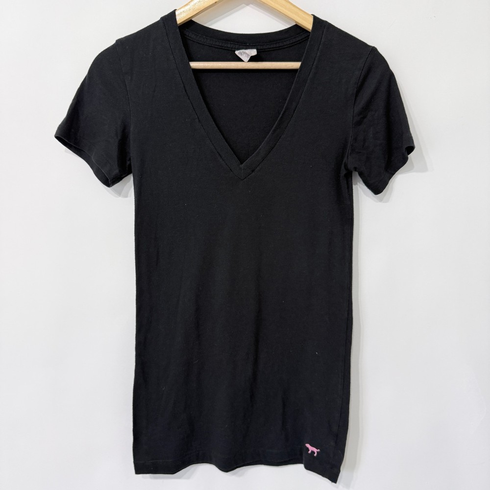 Pink Victoria's Secret V Neck Short Sleeve T Shirt Womens XS Black Dog Logo