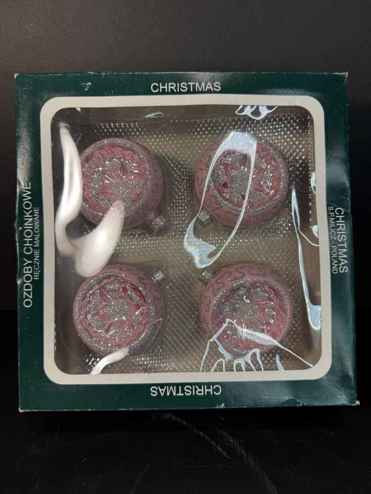 Rare Vintage S.P. Milicz Poland Pink Indent Glass Christmas Ornaments Boxed 4pc