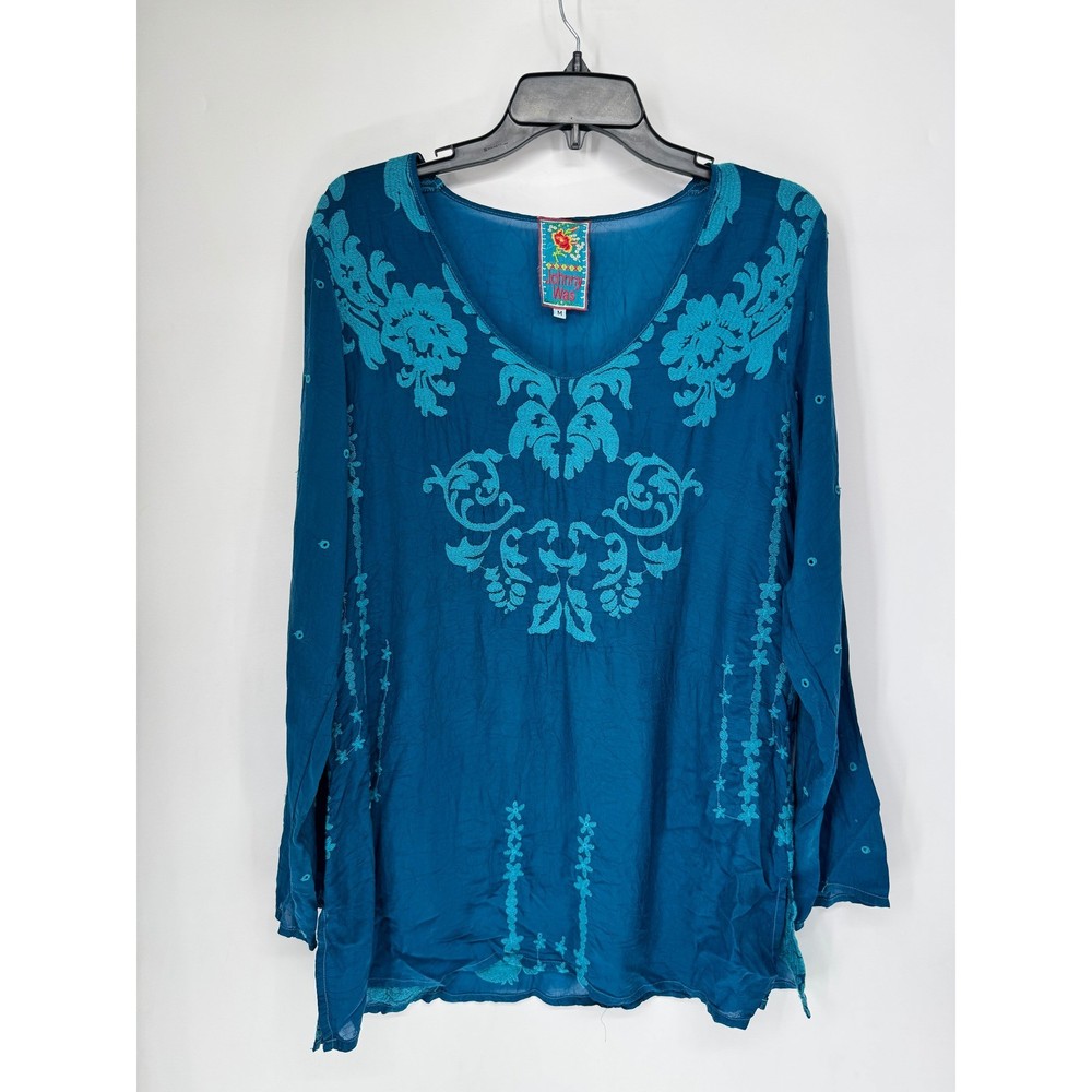 Johnny Was Tunic Top Womens Medium Teal Blue Good Embroidered Boho Cupra Rayon