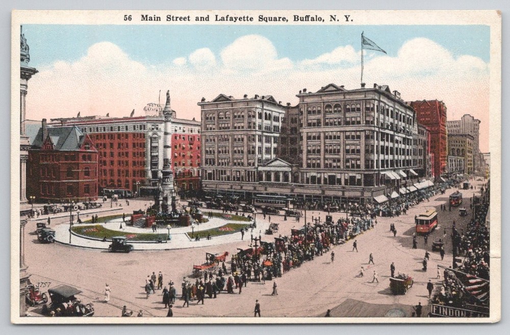Buffalo NY Main Street Lafayette Square Soldiers Sailors Monument Postcard