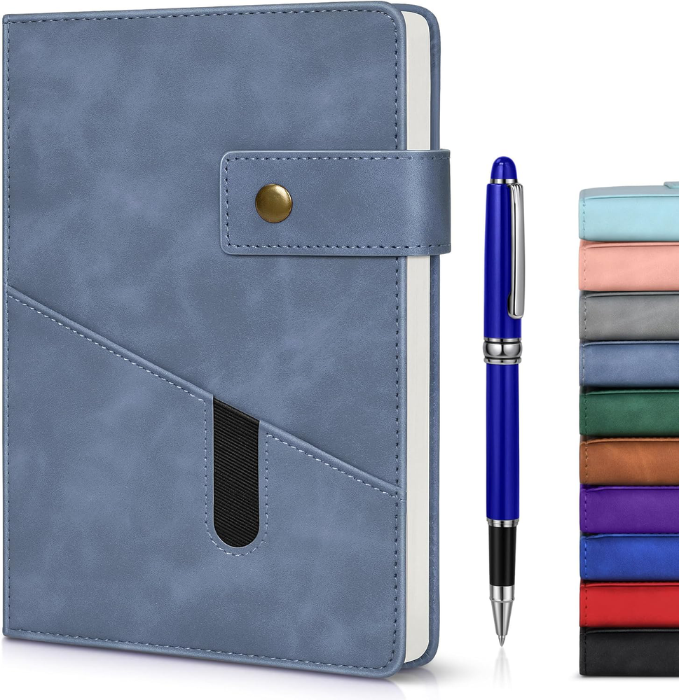 Blue A5 Leather Journal Notebook with 200 Pages Thick Ruled Perfect for Travel and Work