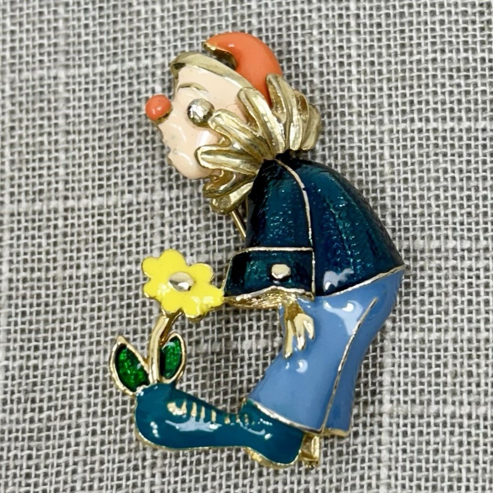 Vintage CLOWN Gold Tone Brooch Pin Multi-Color Enamel Yellow Flower on Shoe